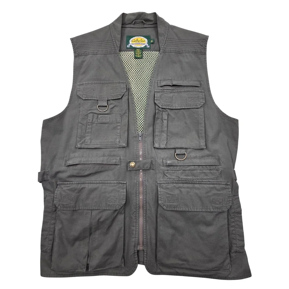 Vintage Cabelas Safari Vest Green Mens Large Khaki Utility Gorpcore Multi-Pocket